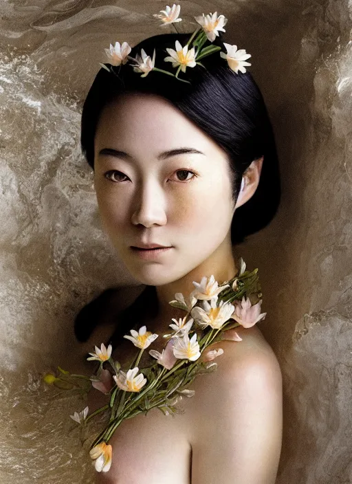 Image similar to Kodak Portra 400, 8K, soft light, volumetric lighting, highly detailed, Kasumi Arimura style 3/4 ,portrait photo of Japanese princess, the face emerges from a thermal water flowing down gold travertine terraces, with lotus flowers, inspired by Ophelia paint , a beautiful luxurious royal suit, intricate hair with highly detailed realistic beautiful flowers , Realistic, Refined, Highly Detailed, ethereal lighting colors scheme, outdoor fine art photography, Hyper realistic, photo realistic