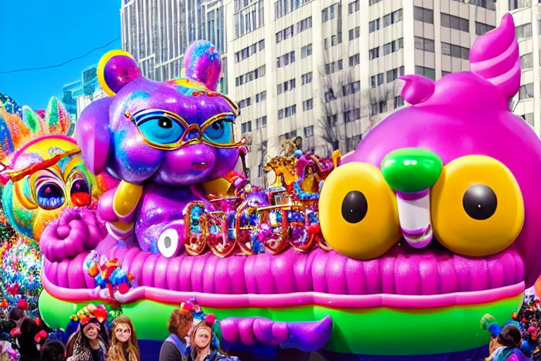 Image similar to photo of giant cute elaborate parade float character designed by ( ( ( ( ( ( ( ( lisa frank ) ) ) ) ) ) ) ) and bosch!!!!!!!!!!!!!!, in the macys parade, detailed 4 k photo,