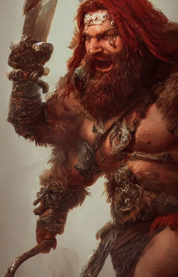 Image similar to an concept art of the barbarian bearded king, red hair, one eye, intricate details, detailed face, detailed armour, artstation, epic pose, ambient light, by david villegas