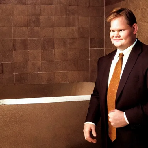 Image similar to Andy Richter is wearing a chocolate brown suit and necktie. Andy is standing inside a bathtub under a running shower. The suit and necktie are soaking wet.