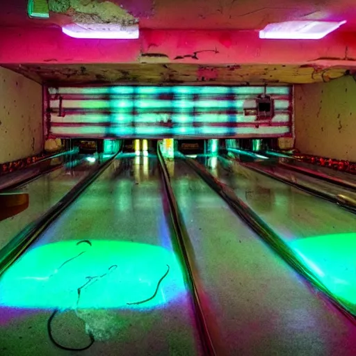 Prompt: abandoned haunted bowling alley with neon lights