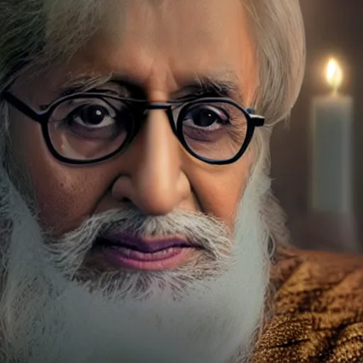 Image similar to amitabh bachhan as dumbledore, portrait, 4 k, realistic, cinematic, volumetric lighting