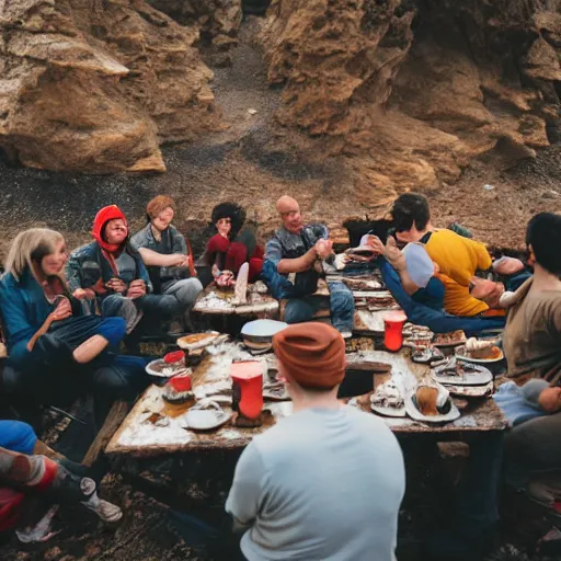 Image similar to a camp of warrior in dessert take a break laugh each other and talk, canon eos c 3 0 0, ƒ 1. 8, 3 5 mm, 8 k, medium - format print