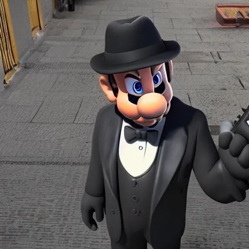 Prompt: Super Mario as the mobster Vitorio Corleone, realistic, 3d rendering, unreal engine, cinematic shot