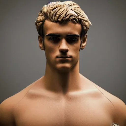 Image similar to “ a realistic detailed photo of a guy who is an attractive humanoid who is half robot and half humanoid, who is a male android, soccer player antoine griezmann, shiny skin, posing like a statue, blank stare, on the bed, on display ”