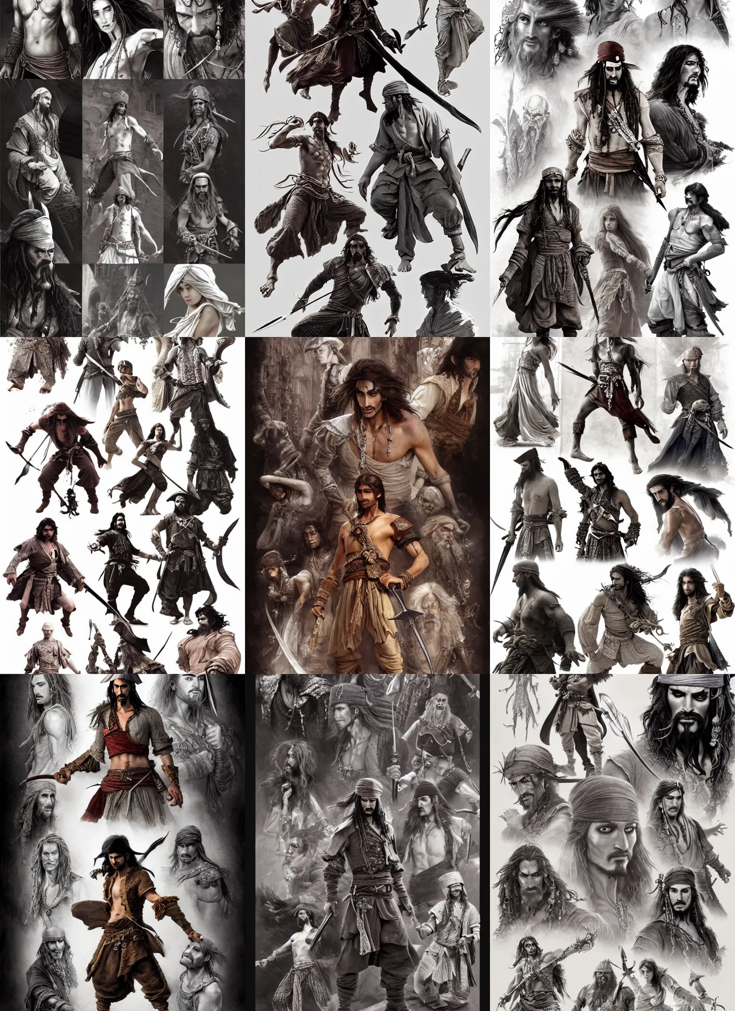 Prompt: detailed pencil spot illustrations of various character concepts from the prince of persia and game of pirates of the caribbean movie, various poses, by burne hogarth, by bridgeman, by anthony ryder, by yoshitaka amano, by ruan jia, by conrad roset, by mucha, cgsociety, artstation.