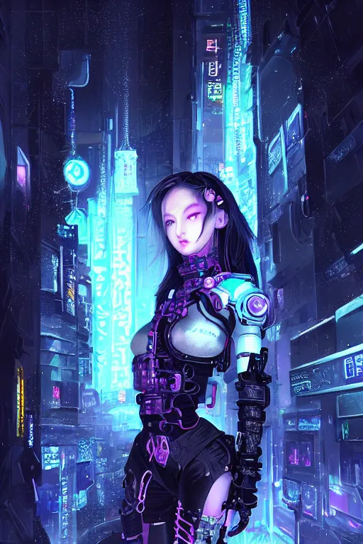 Prompt: portrait futuristic evilly cyberpunk young female Death Knight, in futuristic heavily snowy tokyo rooftop cyberpunk night, ssci-fi, fantasy, intricate, very very beautiful, elegant, neon light, highly detailed, digital painting, artstation, concept art, soft light, hdri, smooth, sharp focus, illustration, art by tian zi and craig mullins and WLOP and alphonse mucha