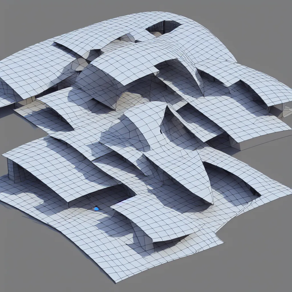 Prompt: sculptural curved roof planes lift and descend creating shade and architectural expression, dramatic form, 3 d top view axonometric, isometric