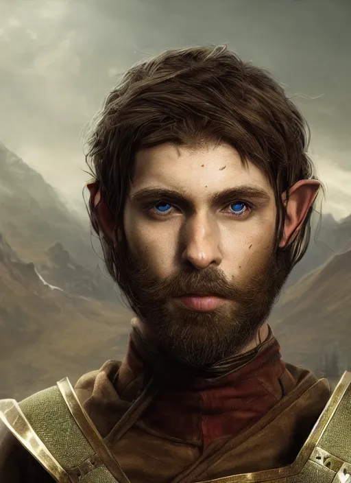 Image similar to A striking epic hyper real painting of an arrogant half elf ranger with shaggy brown hair, scruffy beard, scar on face, blue tunic, unreal 5, DAZ, hyperrealistic, octane render, cosplay, RPG portrait, dynamic lighting