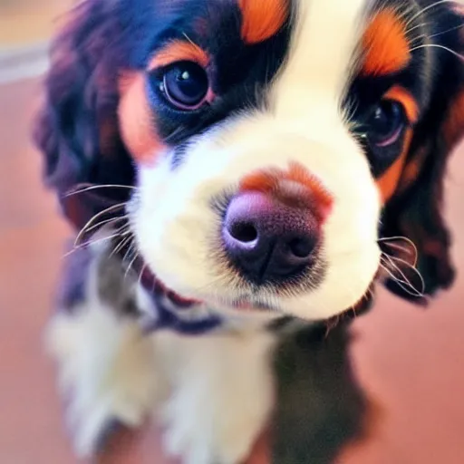 Image similar to a cavalier King Charles puppy with a blueberry on its nose