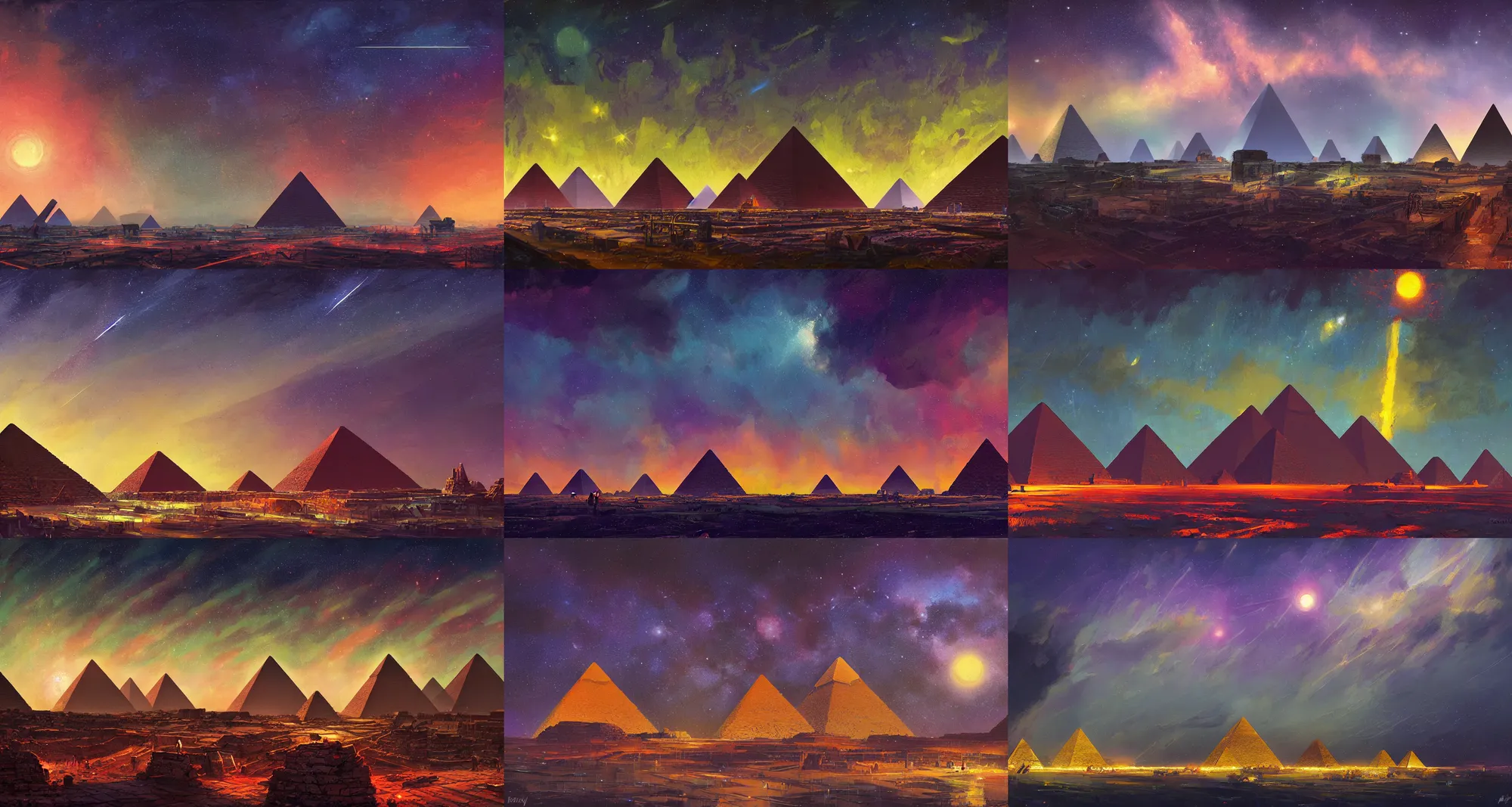 Prompt: an establishing shot of the cyberpunk pyramids of giza, digital art, fantasy painting, at night time, ancient civilisation, construction, turbines, dark sky, clear sky, reflecting pool, milky way, muted colours, by paul lehr, jesper ejsing