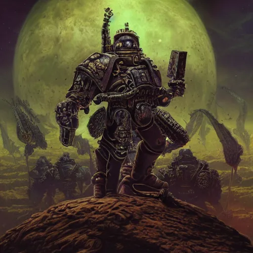 Prompt: photorealistic warhammer 4 0, 0 0 0 in the style of michael whelan and gustave dore. hyperdetailed photorealism, 1 0 8 megapixels, fully clothed, lunar themed attire, amazing depth, glowing rich colors, powerful imagery, psychedelic overtones, 3 d finalrender, 3 d shading, cinematic lighting, artstation concept art