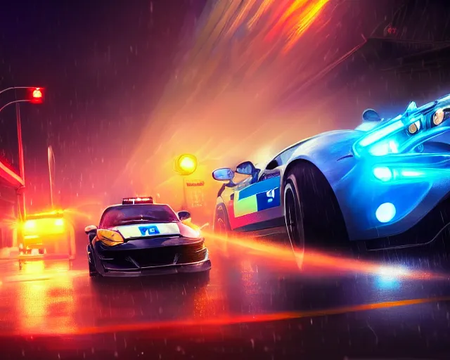 Prompt: sports car police chase, action shot, high speed, night life, neon lights, heavy rain, lens flare, deep focus, d & d, fantasy, intricate, elegant, highly detailed, digital painting, artstation, concept art, matte, sharp focus, illustration, hearthstone,