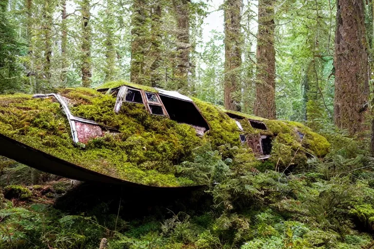 Image similar to derelict spaceship in a Forrest, hyper detailed, overgrown with moss, rusty metal, wildlife, daytime