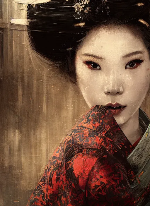 Prompt: female geisha girl, beautiful face, rule of thirds, intricate outfit, spotlight, trypophobia, by greg rutkowski, by jeremy mann