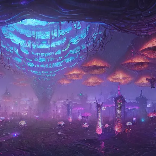 Image similar to concept art detailed painting of a dark purple fantasy fairytale fungal city made of mushrooms, with glowing blue lights, in the style of jordan grimmer and neil blevins and wayne barlowe