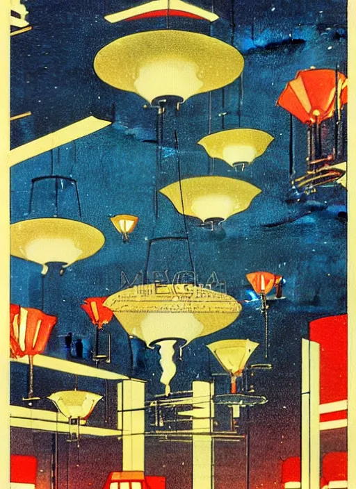 Prompt: a surrealist architectural schematic illustration of fireworks by Seiichi Hayashi, 1920s art deco symmetric chandelier, by Telemaco Signorini, vintage postcard, a vintage anime 70s comic book watercolor by Dean Ellis and by Hiroshi Yoshida