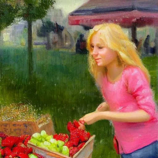 Image similar to Cute Blonde Girl with locks sells Strawberries in a fruit stand, oil on canvas, Impressionism