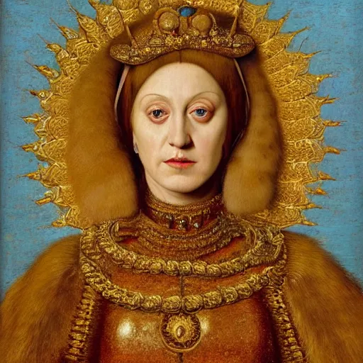 Image similar to portrait of katy perry, oil painting by jan van eyck, northern renaissance art, oil on canvas, wet - on - wet technique, realistic, expressive emotions, intricate textures, illusionistic detail