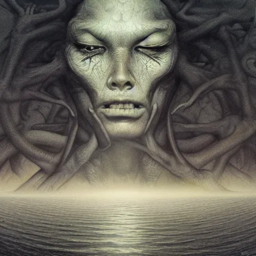 Image similar to he is watching, eyes, water, flesh, pristine, future, nature, by Ross Tran, Basil Gogos, Laurie Lipton, Zdzisław Beksiński, Junji Ito, Laurie Lipton, and Michael Whelan, distant, gustav dore, H.R. Giger, 8k, hd, 4k, hyper, realistic, octane render