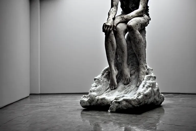 Image similar to a sculpture of a person sitting on a top of the chair, a white marble sculpture covered with floating water by nicola samori, behance, neo - expressionism, marble sculpture, apocalypse art, made of mist