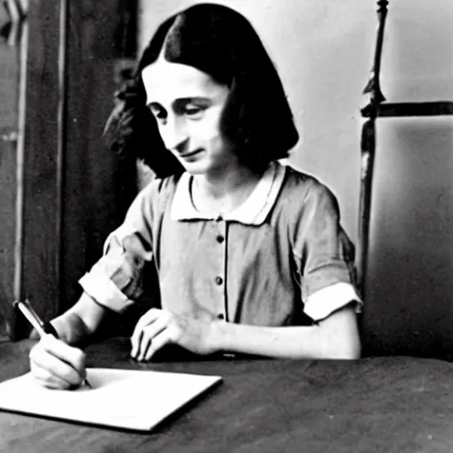 Image similar to A color photograph of Anne Frank writing in her diary