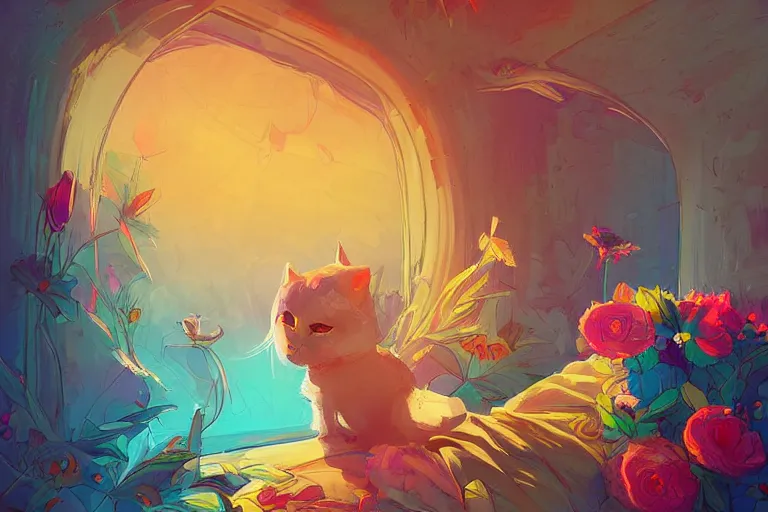 Prompt: a digital art of a cat sleeping in the room with flowers around in the afternoon, the sun shines in, animal, light effect, highly detailed, by anton fadeev