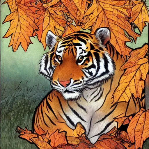 Image similar to a highly detailed cartoon tiger waving a leaf fan, autumn leaves on the ground, concise lines, ultradetailed environment, sharp focus, cinematic lighting, by alphonse maria mucha and kim jung gi