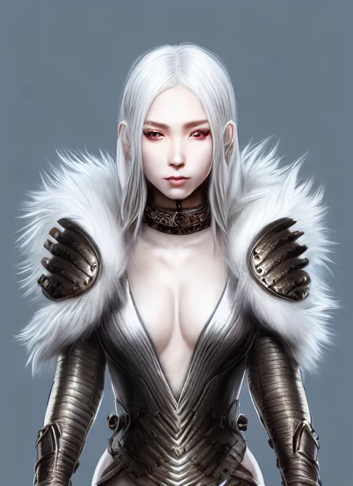 Image similar to warrior, fur leather armor!!! beautiful and elegant white hair female!! gorgeous ayes!! character concept art, sharp focus, octane render! unreal engine 5! highly rendered!! trending on artstation!! detailed linework!! illustration by artgerm, wlop, and chie yoshii