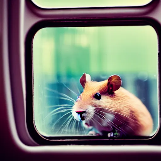 Image similar to photo of a hamster inside a metro train, looking out of the window, various poses, unedited, soft light, sharp focus, 8 k
