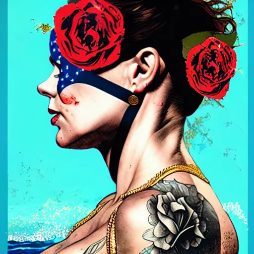 Prompt: portrait of british woman :: side profile :: in ocean :: roses and guns metal details :: gold :: blood and horror :: by marvel and Sandra Chevrier