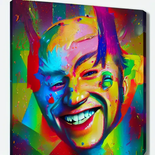 Prompt: a portrait of a laughing man with ginger hair, by ross tran in a cubist style with heavy impasto, psychedelic, rainbow, swirling splattered colors, otherworldly, abstract