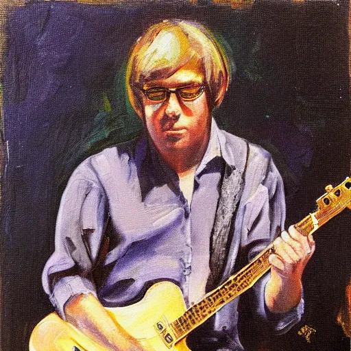 Prompt: John Sebastian playing music on stage in 1967, oil painting