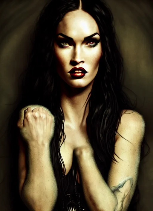 Prompt: megan fox witch queen, black eyes, blood, full body, intricate victorian dress, middle shot, cinematic lighting, symmetrical eyes, caravaggio, artgerm, joshua middleton, rafael albuquerque, moody lighting, candles