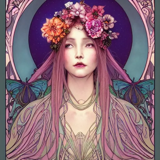 Prompt: face portrait of a colored beautiful mysterious fairy with flowery tall headgear, without hands, by eve ventrue, artgerm, thomas kinkade, hayao miyazaki. art nouveau. tarot card by mucha. gloomhaven. swirly intricate linework background. gaudy colors, sharp edges. octane render