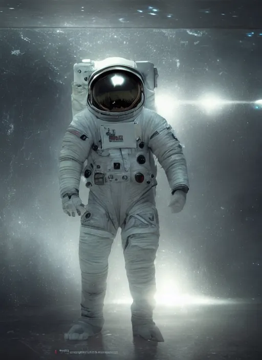 Image similar to complex poster by craig mullins astronaut in futuristic dark and empty spaceship underwater. infrared glowing lights. complex and hyperdetailed technical suit. reflection and dispersion materials. rays and dispersion of light. volumetric light. 5 0 mm, f / 3 2. noise film photo. flash photography. unreal engine 4, octane render. interstellar movie art