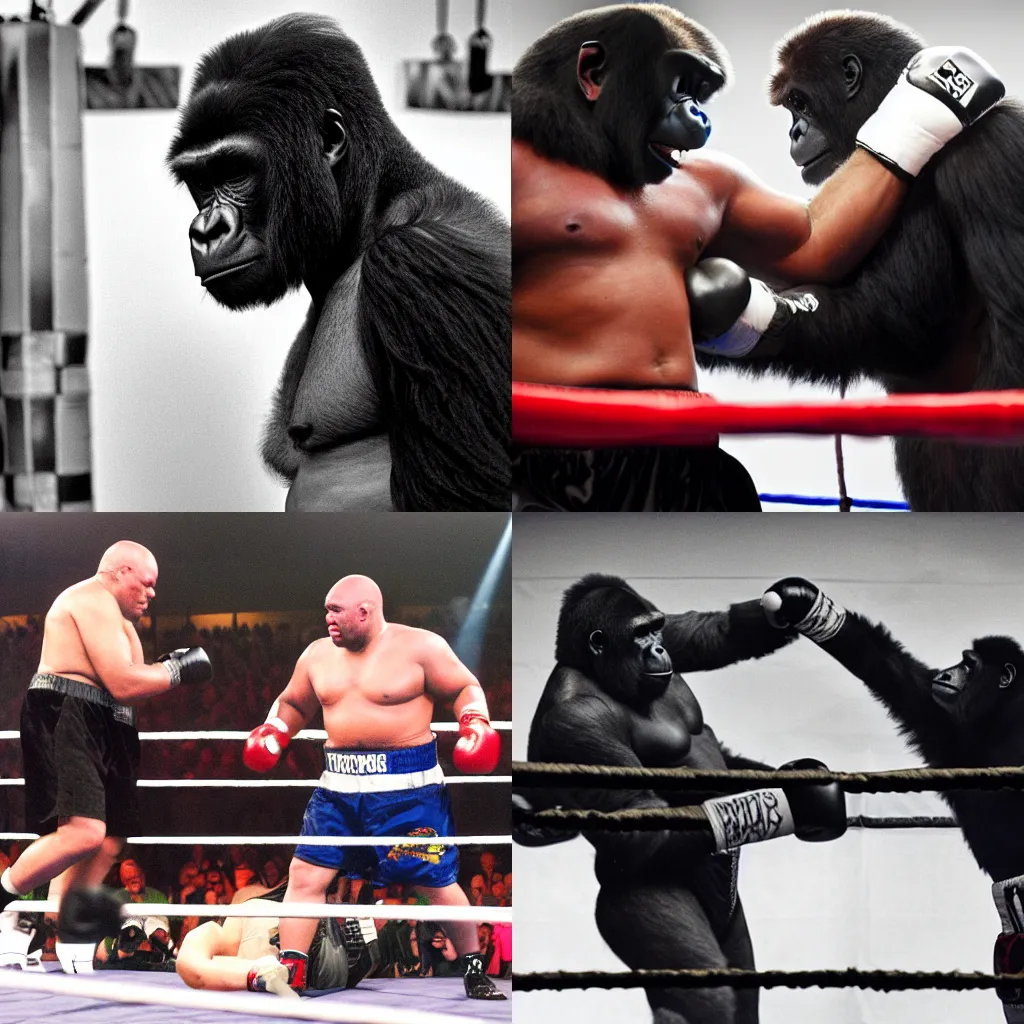 Prompt: A gorilla heavyweight champion of the world, boxing in the ring