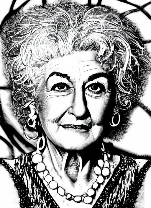 Image similar to highly detailed portrait of bea arthur, pen and ink illustration by simon bisley, global illumination, radiant light, detailed and intricate environment