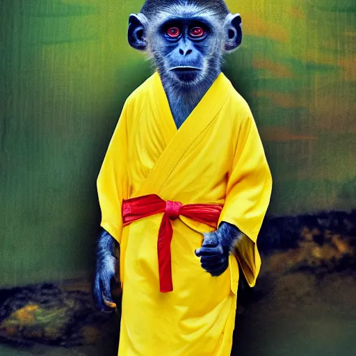 Image similar to a monkey wearing a yellow kimono, 8 k