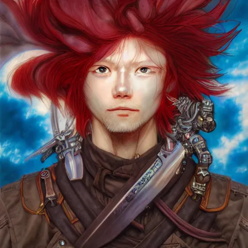 Prompt: prompt : ragnarok online portrait soft light painted by james jean and katsuhiro otomo and erik jones, inspired by akira anime, an epic fantasy comic book style portrait painting of a long haired, red headed male sky - pirate in front of an airship, intricate oil painting, high detail illustration, sharp high detail, manga and anime 1 9 9 9