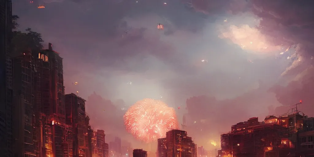 Image similar to Singapore city with a lion-shaped!!!!! cloud in the sky and fireworks in the sky, by greg rutkowski, red and white lighting, digital art, ultra realistic, ultra detailed, photorealistic, 4k, character concept