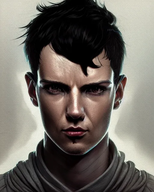 Image similar to professional concept art portrait of a diesel punk man with short black hair in a dark room by artgerm and greg rutkowski ( thin white border ). an intricate, elegant, highly detailed digital painting, concept art, smooth, sharp focus, illustration, in the style of cam sykes, wayne barlowe, igor kieryluk.