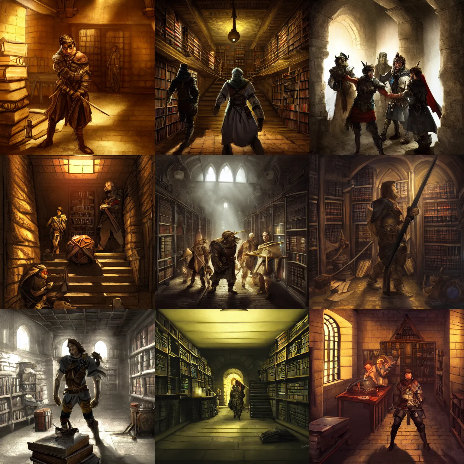 Prompt: adventurer quarantining in the basement of an immense library, digital art, 4K ultra hd, dungeons and dragons, chiaroscuro