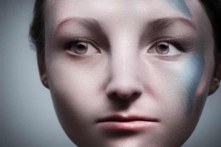 Image similar to a realistic portrait of a woman with scars on the face, volumetric lighting