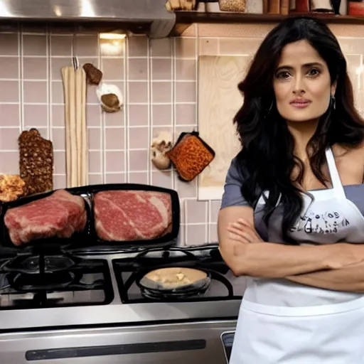 Prompt: salma hayek modeling for a cooking show with food, in a kitchen, next to a person made of meat