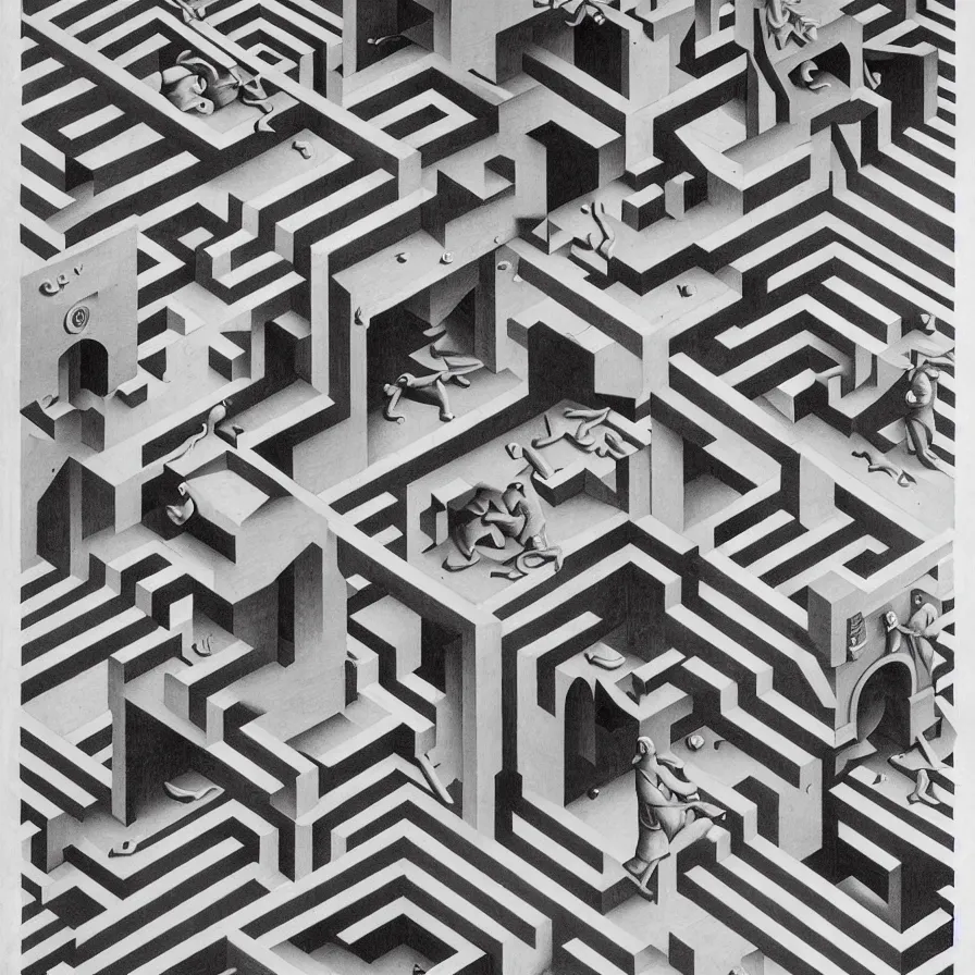 Prompt: trompe l'oeil, geometric illusion and visual hallucination by m. c. escher