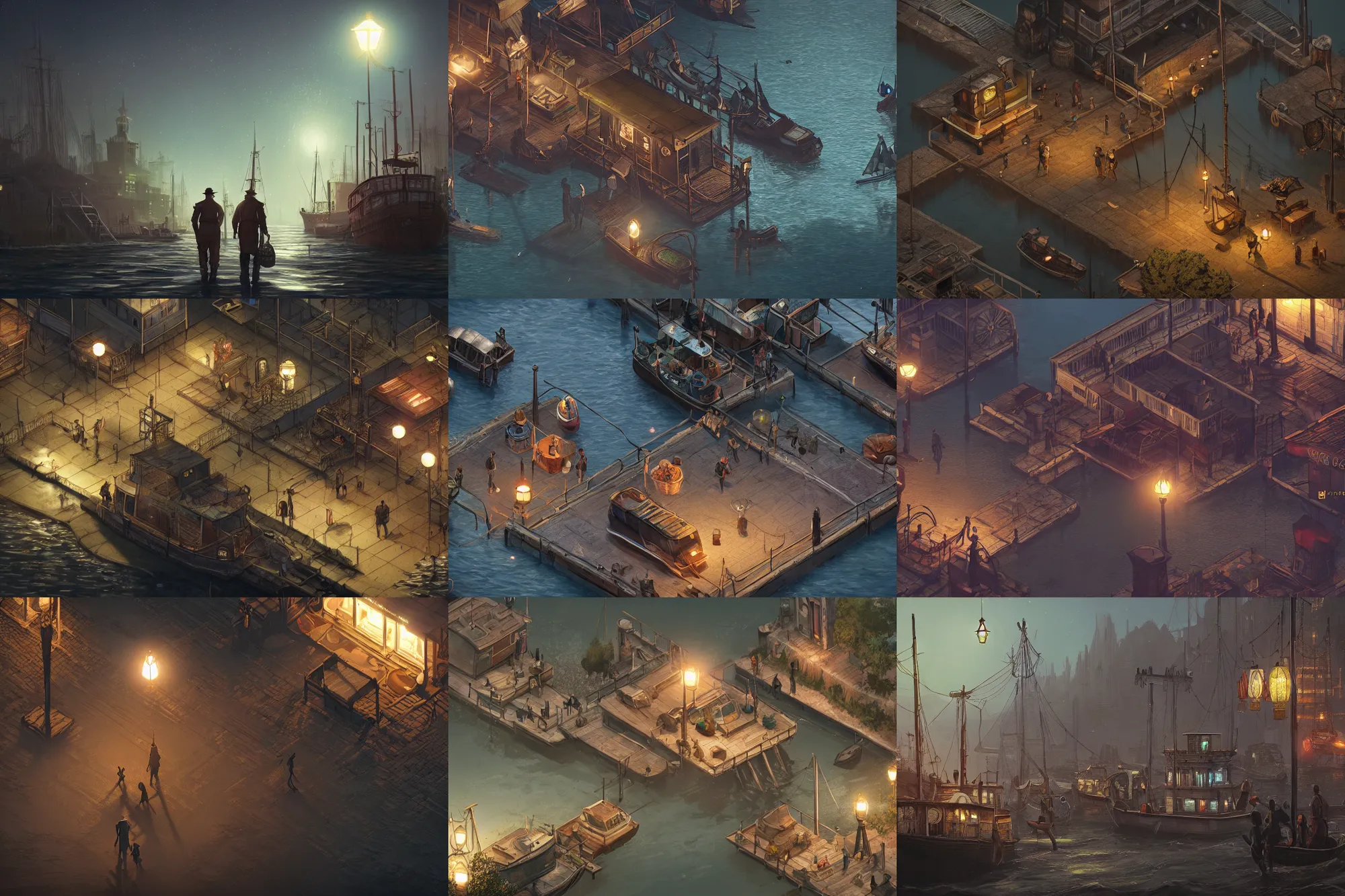 Prompt: style : disco elysium. composition : long shot, waist level ; low angle. key words : digital art ; detailed ; 4 k. scenery : a gothic harbor city. subject : fishermen are wandering around. details : at night ; lanterns in the streets.