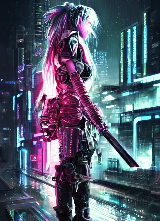 Image similar to stunning futuristic superb cyberpunk young female Samurai wearing samurai armor hybrid with military tactical vest, armor has neon circuitry, long white hair, windswept hair, sci-fi in futuristic stormy heavy rain thunder flashing tokyo rooftop cyberpunk night, sci-fi,fantasy, intricate, very very beautiful, elegant, neon light, highly detailed, Cinematic, digital painting, artstation, hyper realism, concept art, soft light, hdri, smooth, sharp focus, illustration, unreal engine 4, art by tian zi and craig mullins and WLOP and alphonse mucha