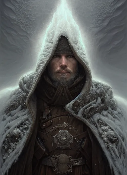 Image similar to closeup portrait shot of a snow wizard in a scenic dystopian environment, intricate, elegant, highly detailed, centered, digital painting, artstation, concept art, smooth, sharp focus, illustration, artgerm, tomasz alen kopera, peter mohrbacher, donato giancola, joseph christian leyendecker, wlop, boris vallejo