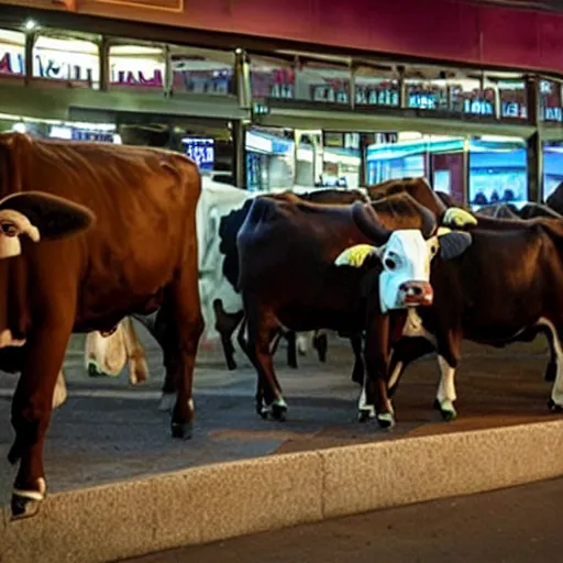 Prompt: movie still of cows trying to break into The Steakhouse at Circus Circus Casino during a riot, cows wearing suits, photorealistic, highly detailed